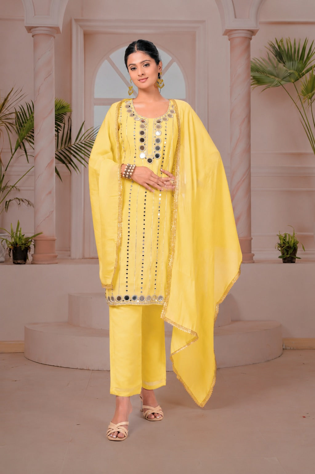 Mal Chanderi with Hand work Kurti pant duppata Set By Texofab Online