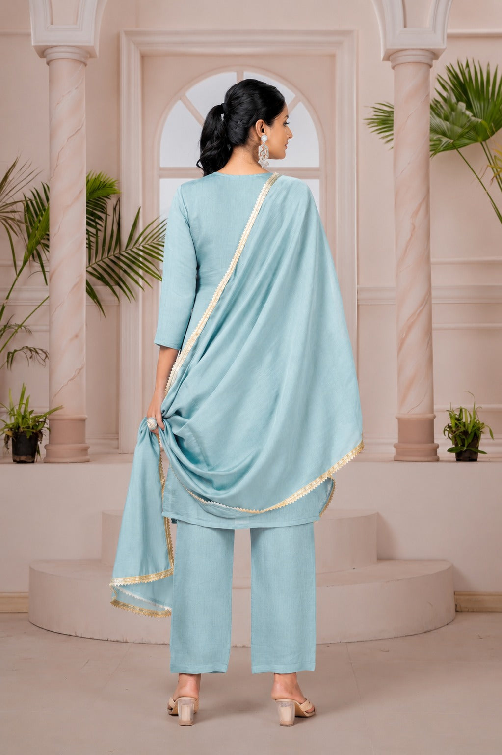 Mal Chanderi with Hand work Kurti pant duppata Set By Texofab