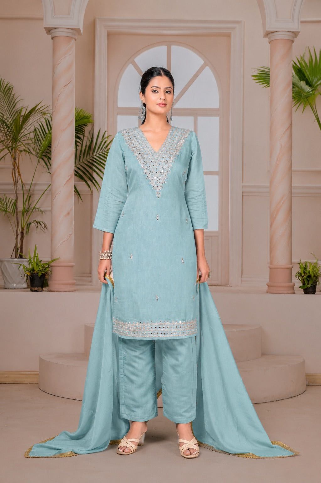 Mal Chanderi with Hand work Kurti pant duppata Set By Texofab
