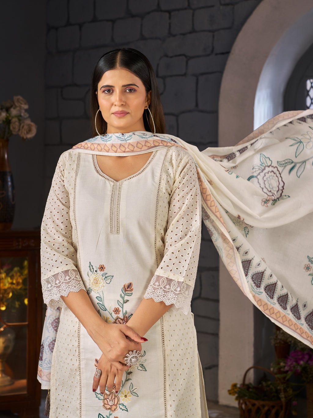 DESIGNER COTTON KURTI PANT DUPATTA SET BY TEXOFAB