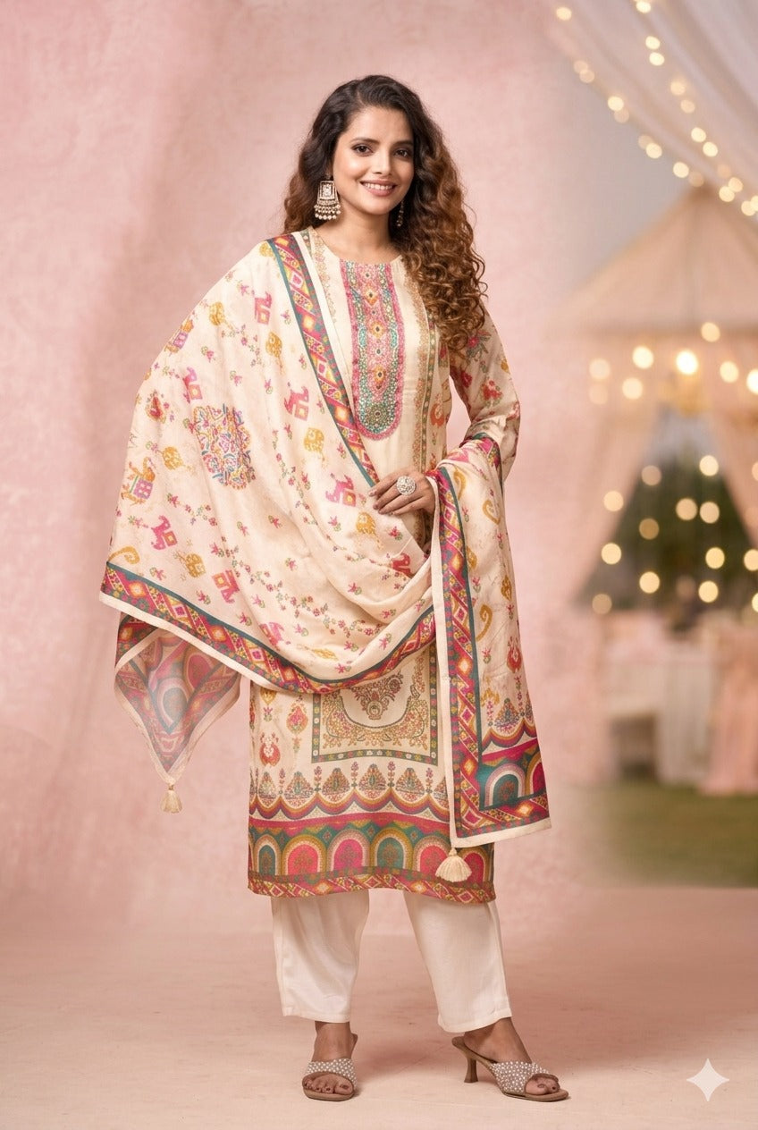 Natural crepe viscose kurti pant dupatta partywear set by Texofab